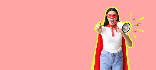 Screaming woman in superhero costume and with megaphone on color background