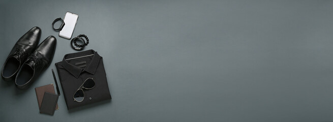 Stylish male accessories on grey background with space for text