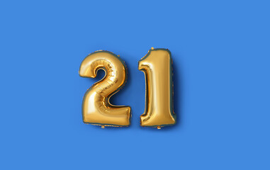 Figure 21 made of balloons on color background