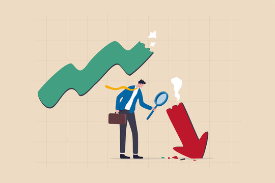 Market crash analysis, learn from failure or crisis and recession data, analyze or measure investment downturn concept, businessman analyst using magnification glass to look at red crash graph arrow.