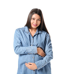 Young pregnant woman on white background