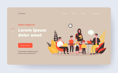 School teacher talking to students. Happy man at laptop, children, stack of books flat vector illustration. Teaching job, studying concept for banner, website design or landing web page