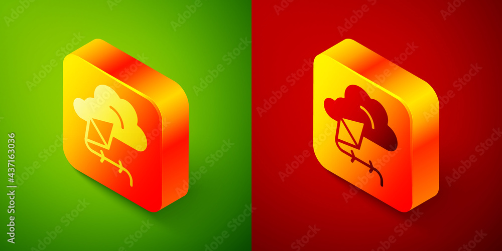 Poster isometric kite icon isolated on green and red background. square button. vector