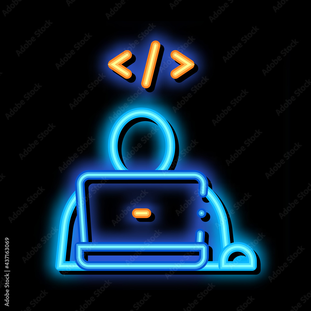 Poster programmer coding laptop neon light sign vector. glowing bright icon transparent symbol illustration