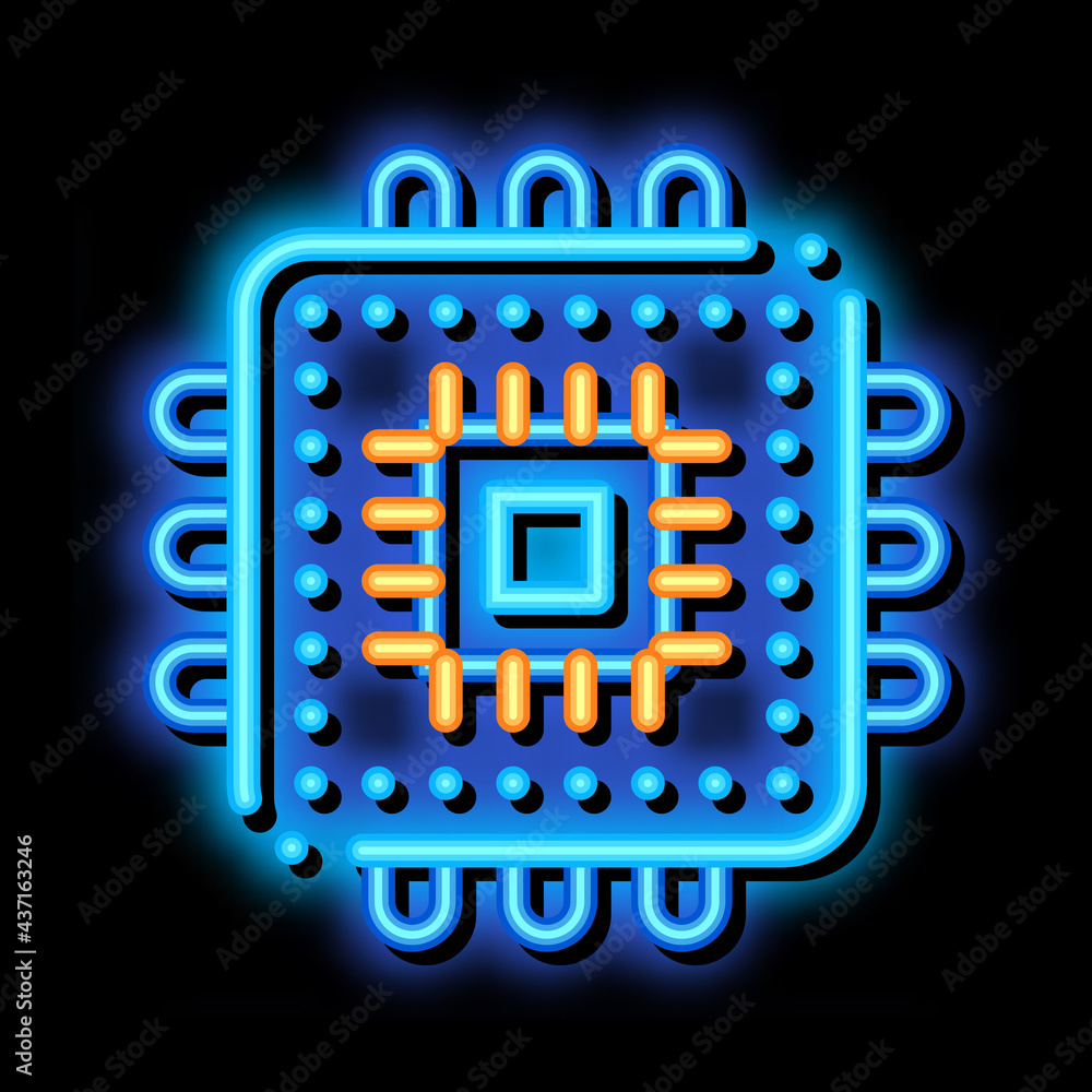 Poster computer element processor neon light sign vector. glowing bright icon transparent symbol illustrati