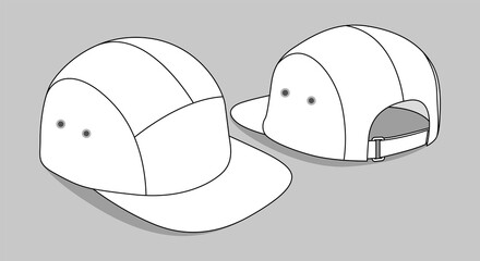 White 5 Panels Cap With Flat Brim Cap Template Vector On Gray Background, Perspective View.