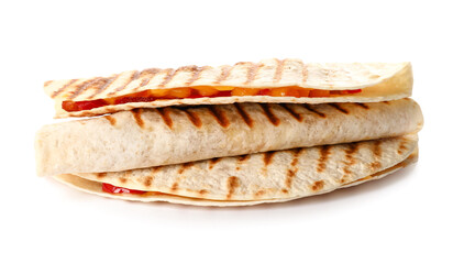 Tasty quesadillas on white background