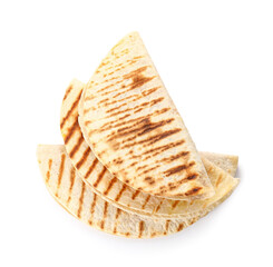 Tasty quesadillas on white background