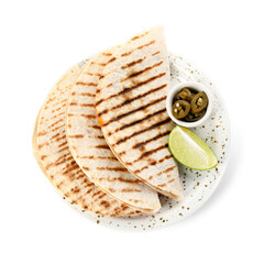Plate with tasty quesadillas, lime and pickled jalapenos on white background
