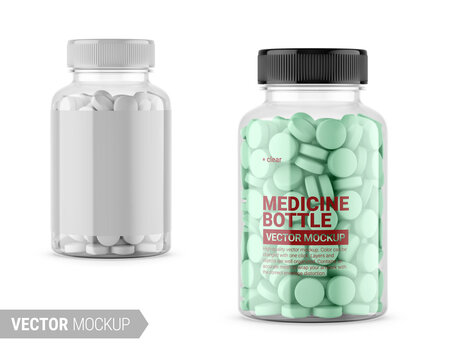 Clear glass medicine bottle mockup. Vector illustration.