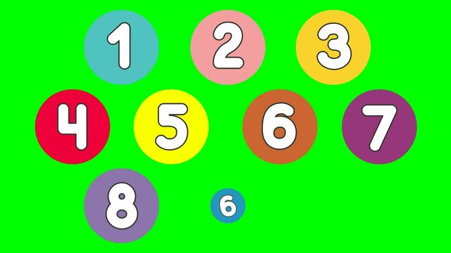 Funny children font with white numbers in color circle from 1 to 10. Colorful vector illustration isolated on green background. 