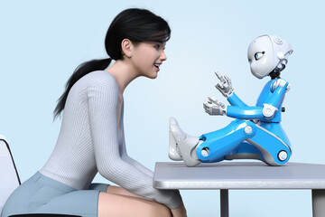 机に座ったAI機能が搭載された知能を持つロボットと会話をする若い女性 - obrazy, fototapety, plakaty