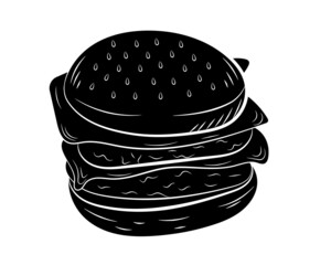 Black silhouette Cartoon realistic burger in isolate on a white background. Vector illustration.