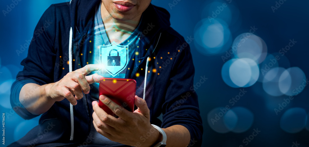 Aufkleber privacy technology to protect and safe data on cyberspace network as a man using smartphone and soci