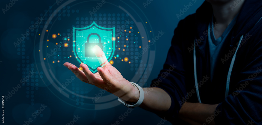Aufkleber man holding shield icon as a privacy technology to protect and safe data on cyberspace network