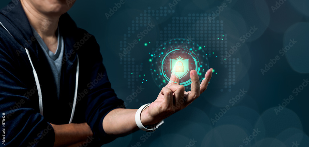 Aufkleber man holding shield icon as a privacy technology to protect and safe data on cyberspace network