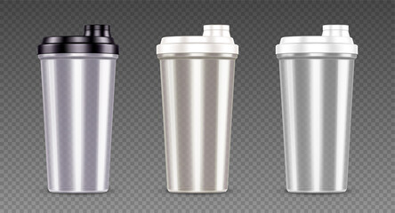Plastic bottle for protein shake, sport drink and whey. Empty clear cups with black and white lids. Vector realistic set of 3d protein shakers for fitness nutrition isolated on transparent background