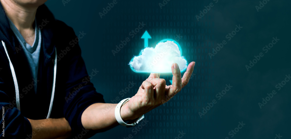Aufkleber data protection and privacy verification technology. panoramic banner of computing cloud system