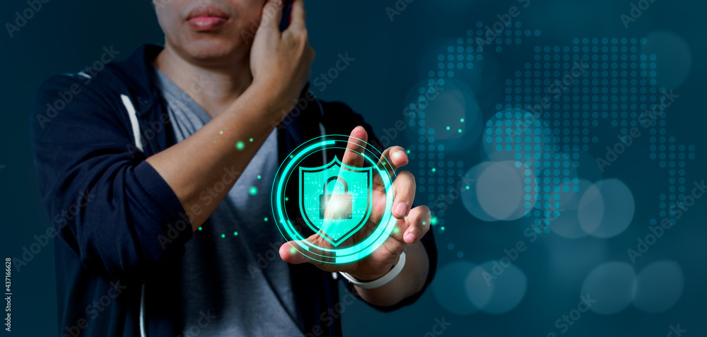 Aufkleber man holding shield icon as a privacy technology to protect and safe data on cyberspace network