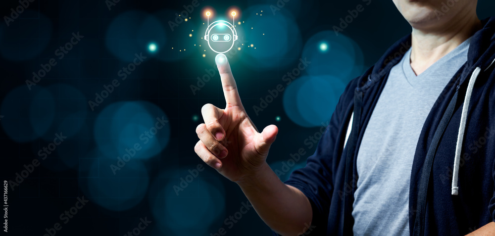Aufkleber man pointing at digital chatbot for provide access to information online network. panoramic banner o