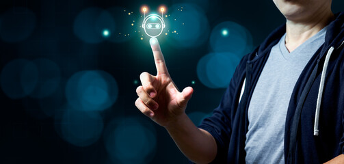 Man pointing at digital chatbot for provide access to information online network. Panoramic banner of AI innovation and technology concept