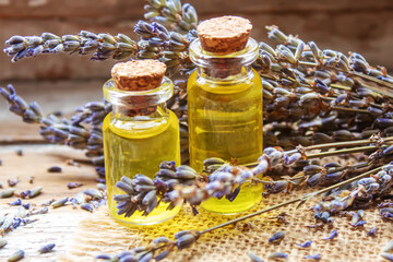 Lavender essential oil in a small bottle.selective focus.