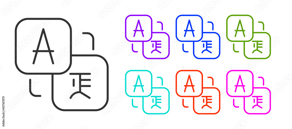 Poster black line translator icon isolated on white background. foreign language conversation icons in chat