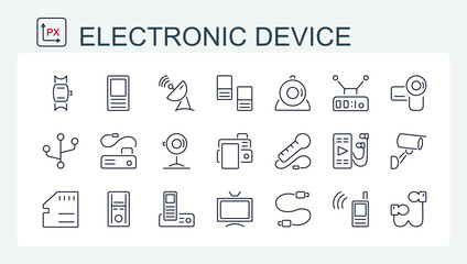A set of vector illustrations, icons of electronic devices from a thin line. Video, surveillance, print, walkie-talkie, and computer electronics.