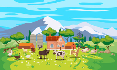 Obraz na płótnie Canvas Rural Landscape farm scenery view, mountaines, green meadow, flowers, trees. Countryside nature, farm animals cow, sheeps, horse, bull, goose, duck, goat, buildings. Vector illustration