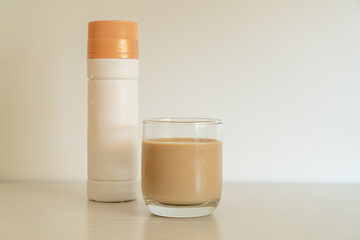 coffee latte glass with ready to drink coffee bottles