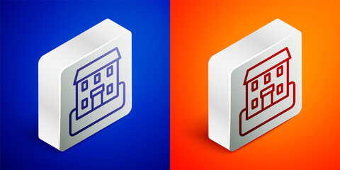 Isometric line School building icon isolated on blue and orange background. Silver square button. Vector