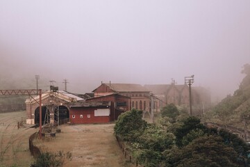 old train station in the fog