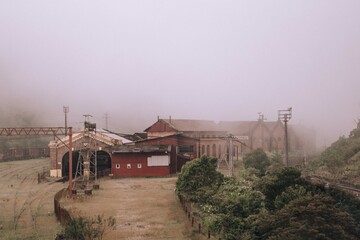 old train station in the fog