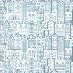 Seamless pattern of old european city. Holland houses facades in traditional Dutch style. The Decorative Architecture of Amsterdam. Background