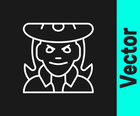 White line Witch icon isolated on black background. Happy Halloween party. Vector