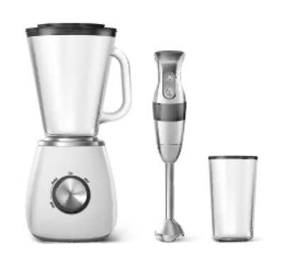 Hand blender, food processor and clear plastic glass. Electric kitchen machine for blend juice, soup and smoothie. Vector realistic set of 3d immersion mixer and empty transparent jar