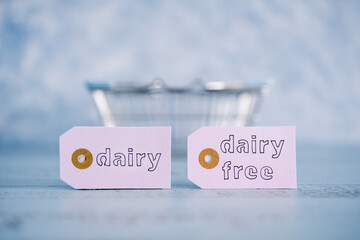 dairy vs dairy-free product tags with shopping basket, plant-based food or allergies and...