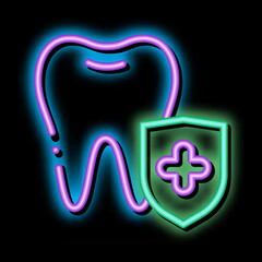 Dentist Stomatology Tooth Protection neon light sign vector. Glowing bright icon transparent symbol illustration