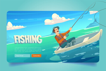 Fishing website with lake and man in boat. Fisherman with rod catches in river, pond or sea. Vector landing page of summer vacation activity for anglers with cartoon landscape