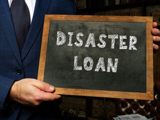  DISASTER LOAN text in search bar. Businessman looking at cellphone.