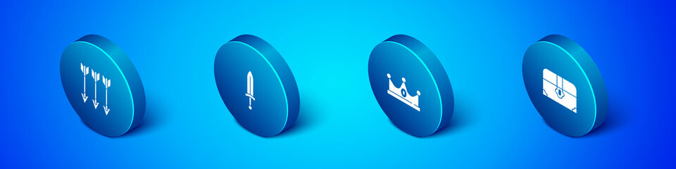 Set Isometric Crossed arrows, King crown, Antique treasure chest and Medieval sword icon. Vector
