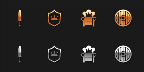Set Medieval sword, Shield with crown, throne and Round wooden shield icon. Vector