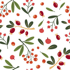 Fototapeta na wymiar Autumn wild berries seamless pattern. Background with rowan and rosehip berries. Design for poster, kitchen textiles, clothing and wallpaper. Flower graphic design. Botany texture. Vector