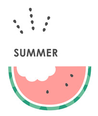 パステルカラーの食べかけの赤いスイカと弾ける種のイラストと文字（SUMMER）