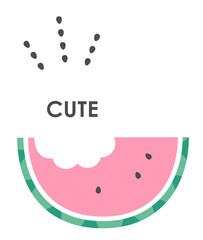 パステルカラーの食べかけのピンクのスイカと弾ける種のイラストと文字（CUTE）