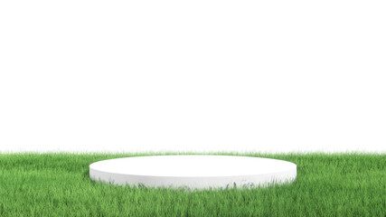 3D Rendering of white podium and green grass field isolated on white background. For organic, environmental care products,  pedestal show case.