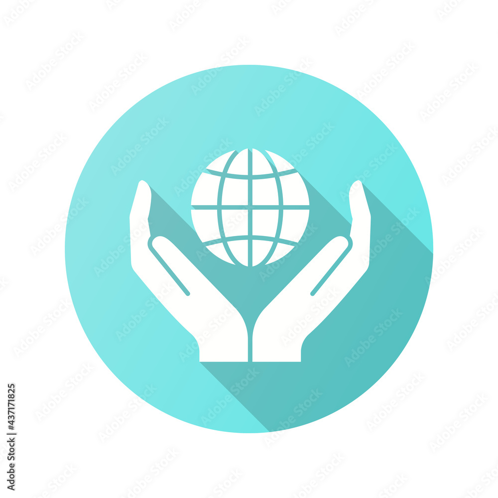 Aufkleber globe in hands icon with long shadow for graphic and web design.