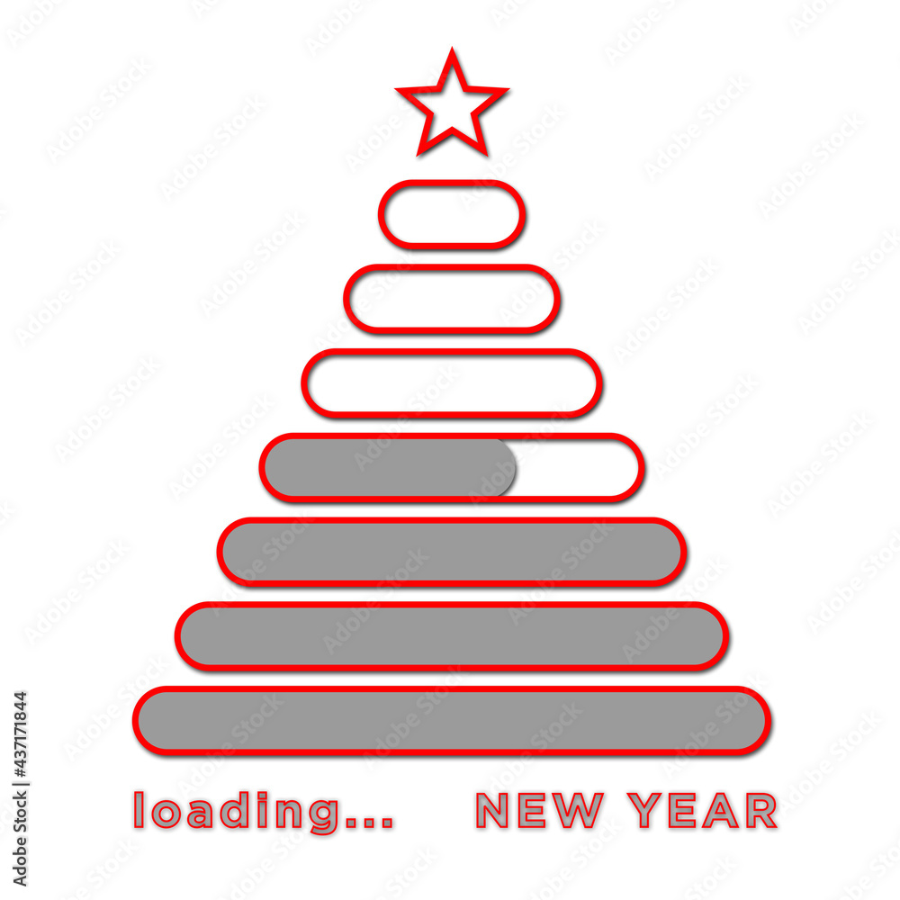 Poster loading new year greeting card - lettering and gray loading bars arranged in tree shape on white bac