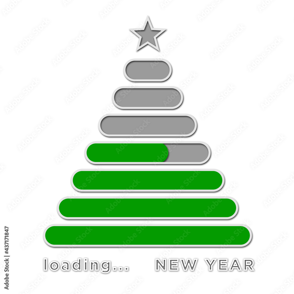 Poster loading new year greeting card - lettering and green loading bars arranged in tree shape on white ba