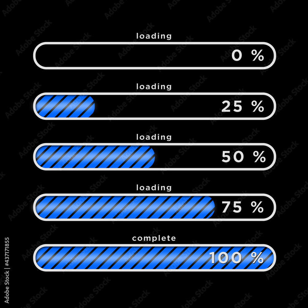 Poster loading process overview - blue loading bars with different progress arranged in block shape on blac